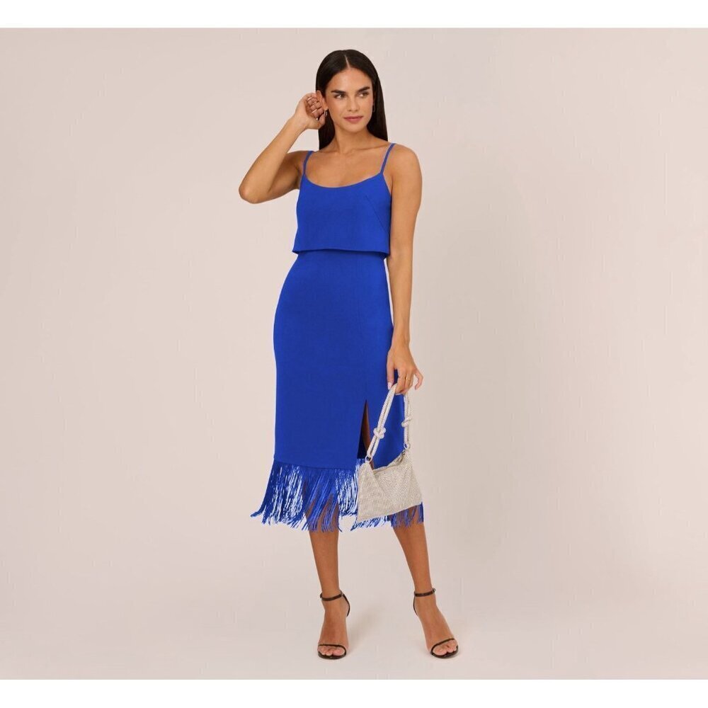 NWT Aidan by Adrianna Papell Cobalt Blue Fringe Midi Dress – Size 2 - Picture 2 of 16